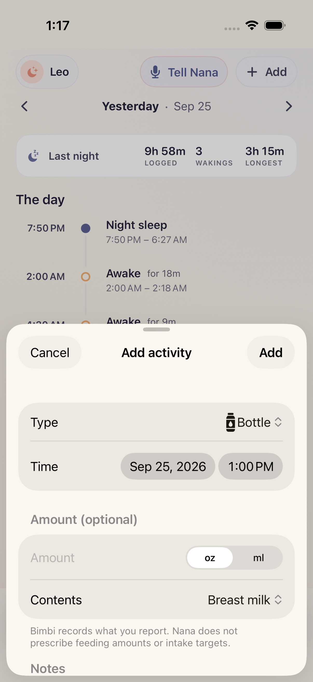 Actual Bimbi bottle entry form with time, optional amount, milk type and notes
