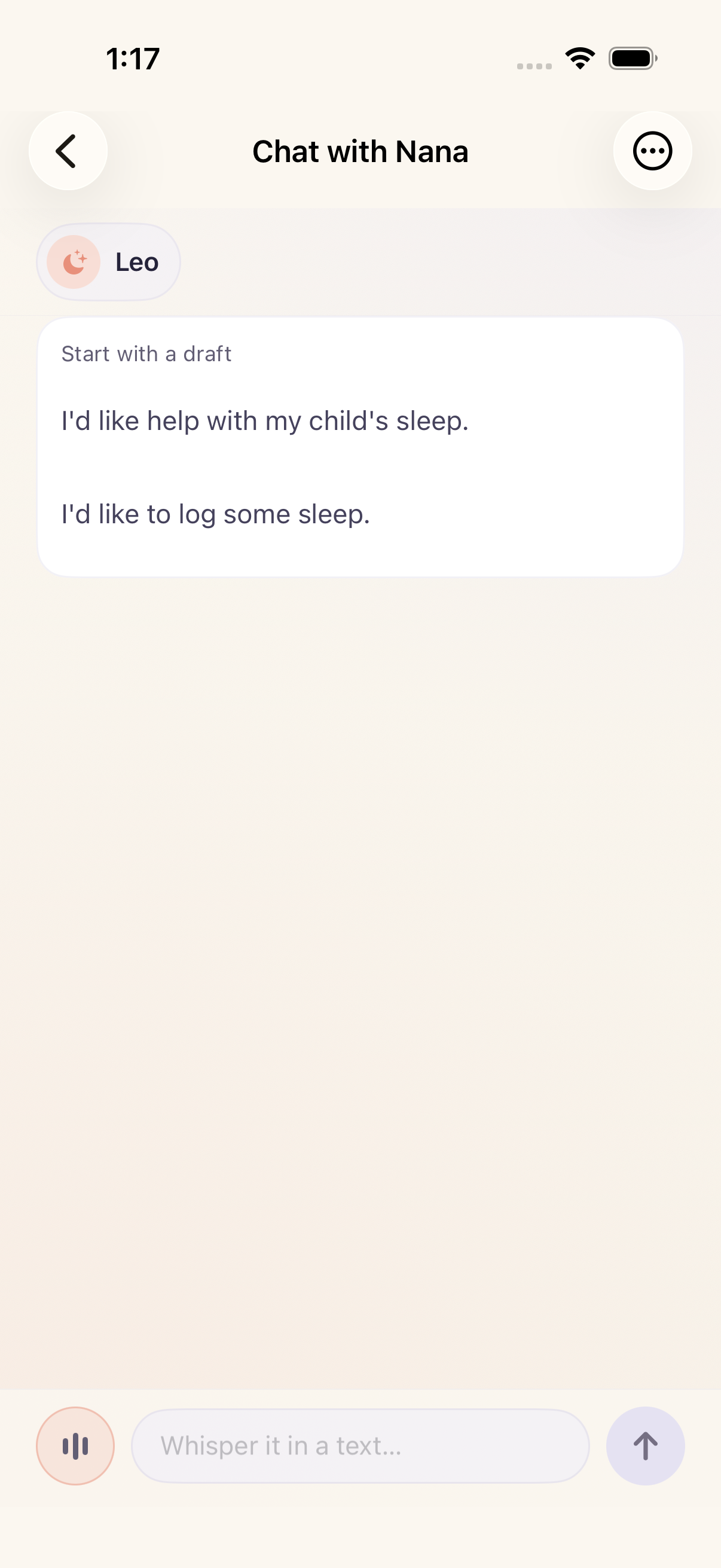 Actual Bimbi chat screen: choose a starting question or type your own, with no message sent in this sample