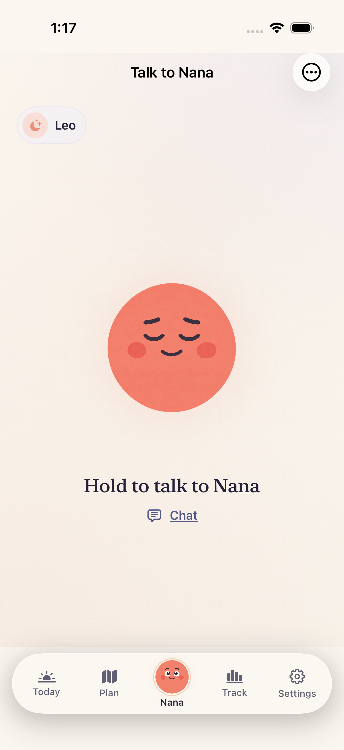 Bimbi app preview: hold to talk to Nana, or choose Chat