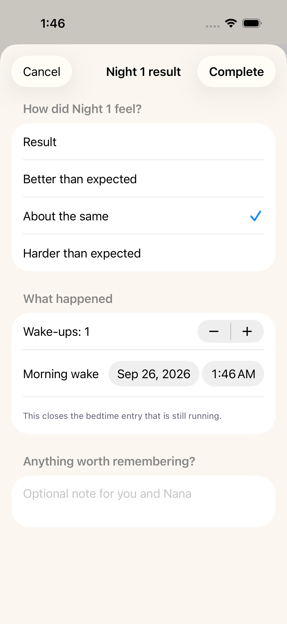 Actual Bimbi night check-in: review how the night felt, wakings and notes; sample plan data