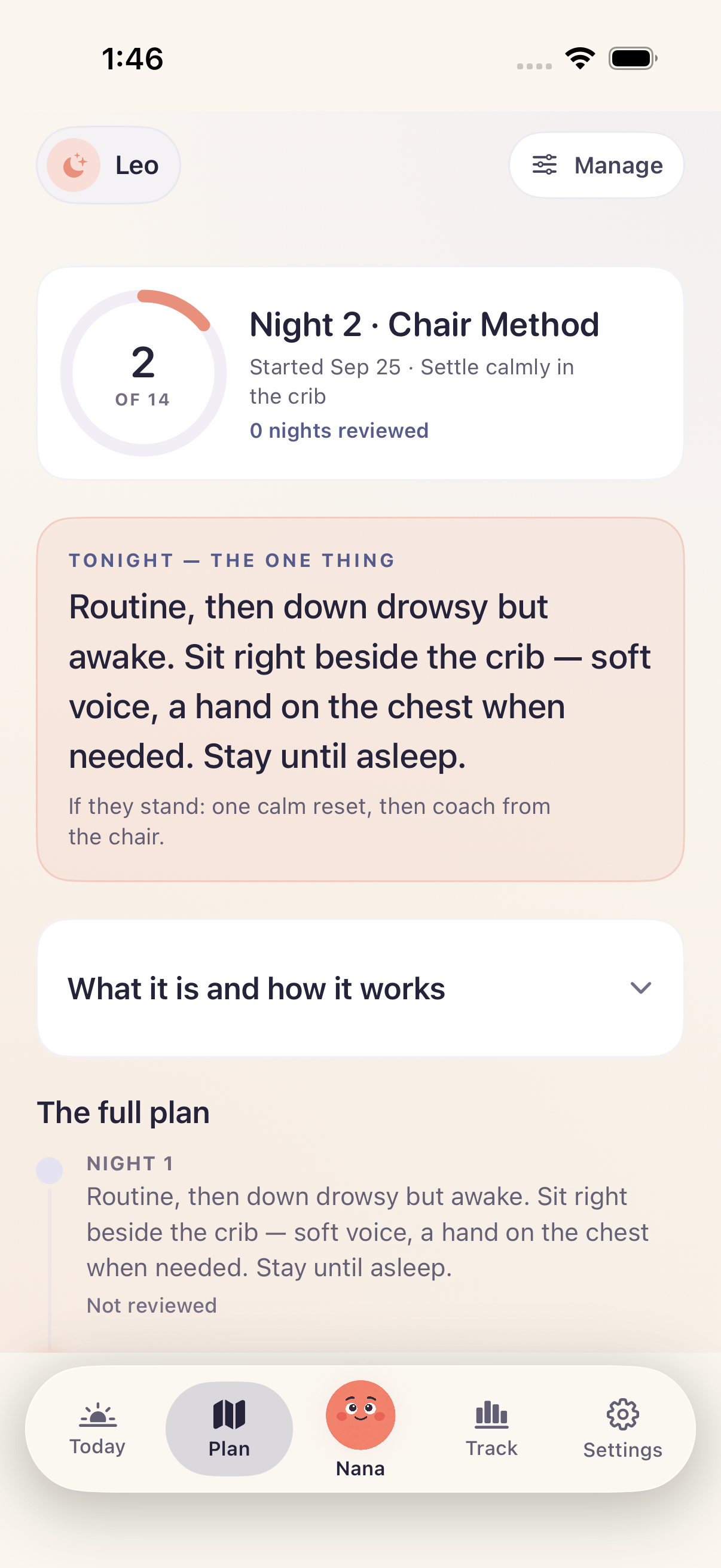 Actual Bimbi sleep plan with tonight’s instruction, method guide and night-by-night steps; a sample Chair Method plan