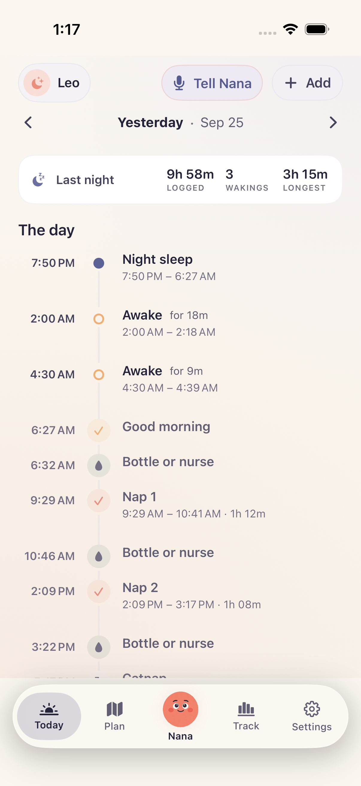 Actual Bimbi daily timeline with sample night sleep, wakings, naps and feeding routines