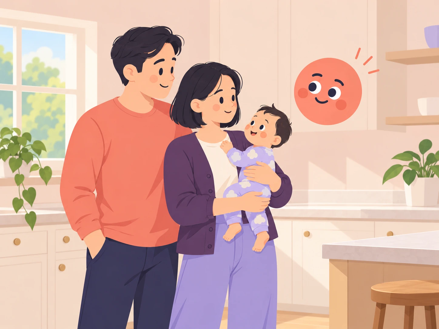 Illustration of black-haired parents holding their baby in a peach kitchen, sharing a moment with Nana