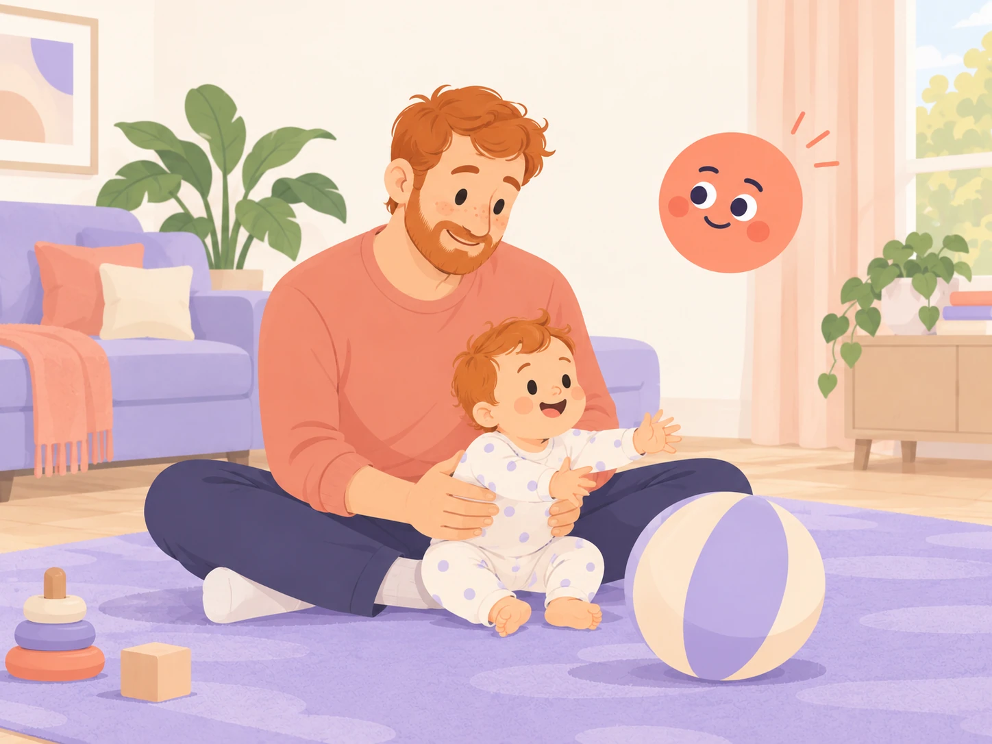 Illustration of a red-haired father supporting his baby during floor play, with Nana nearby