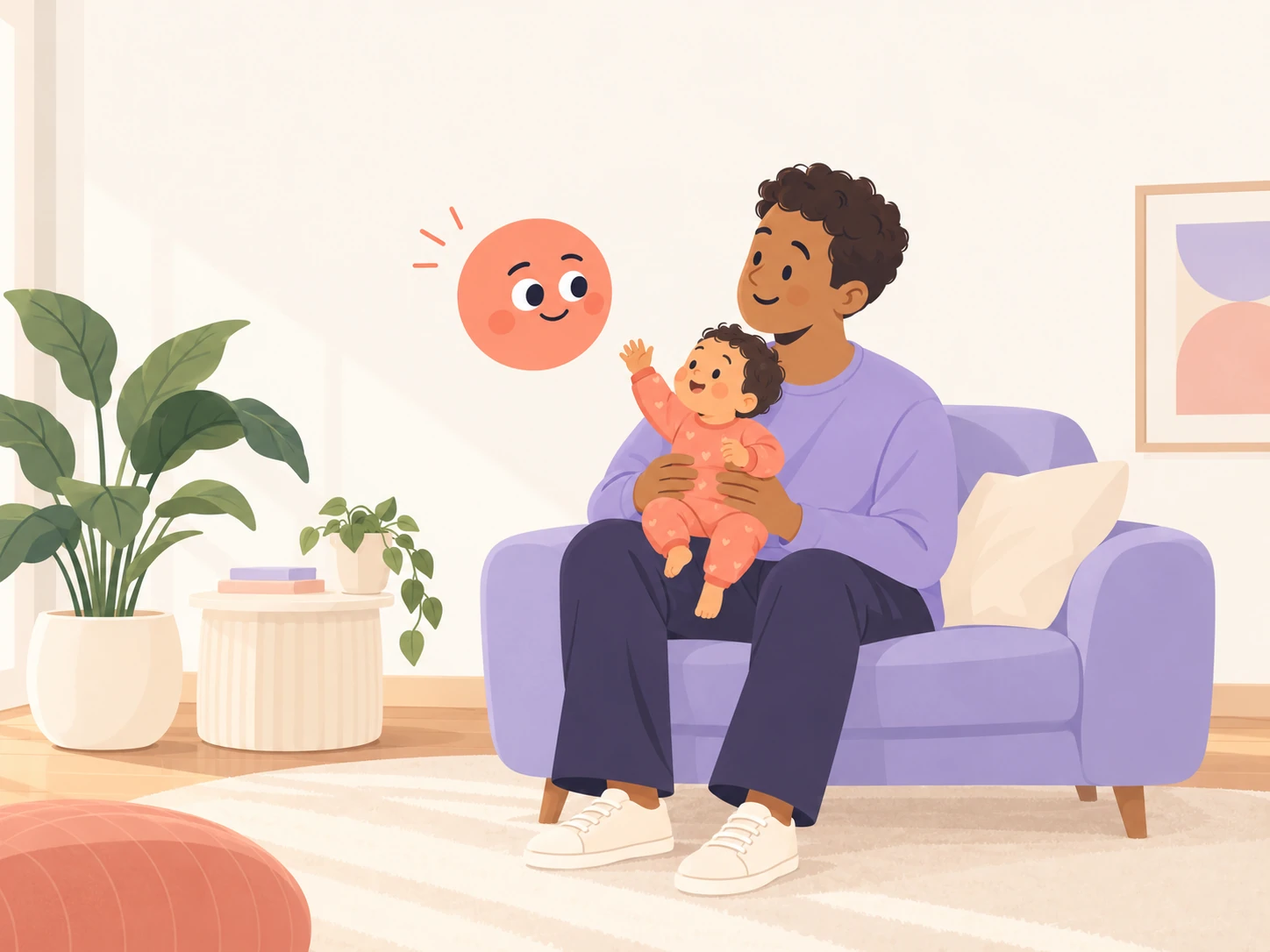 Illustration of a parent holding their smiling baby in a lavender armchair, with Nana looking toward them