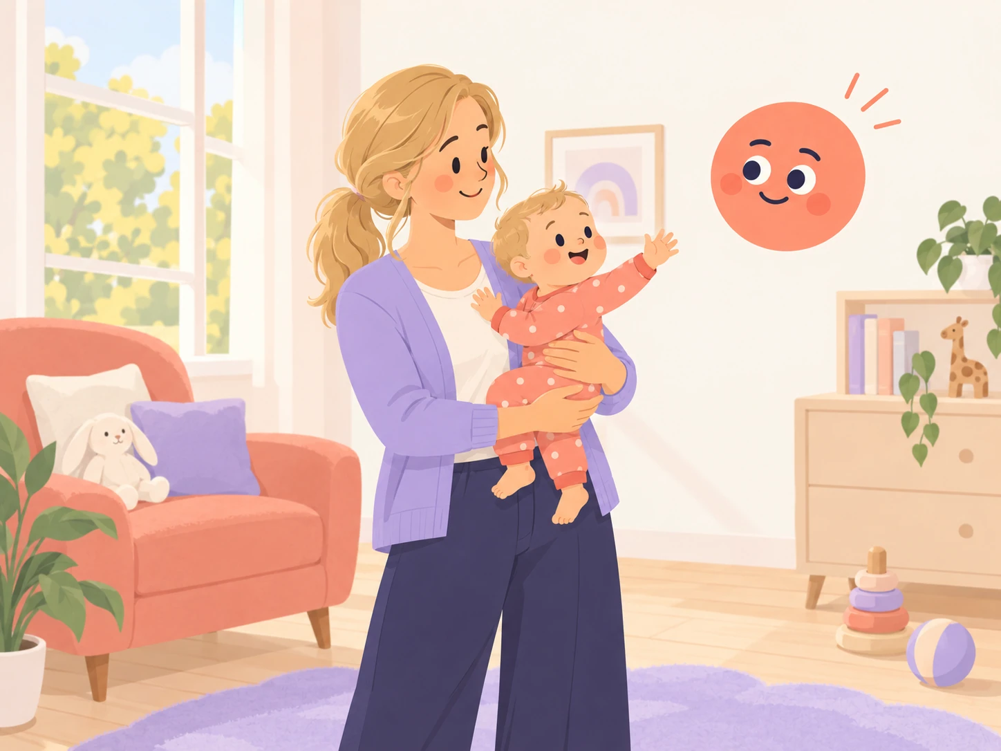Illustration of a blonde mother holding her baby in a sunlit nursery as Nana looks toward them