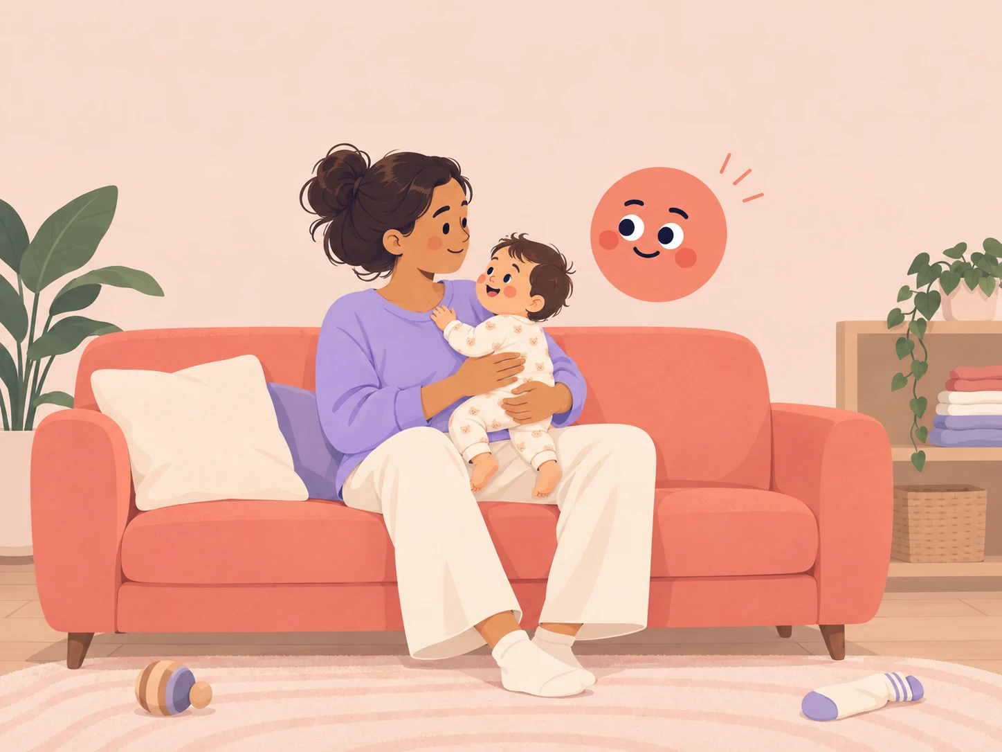 Illustration of a mother holding her awake baby on a coral sofa, with Nana looking toward them