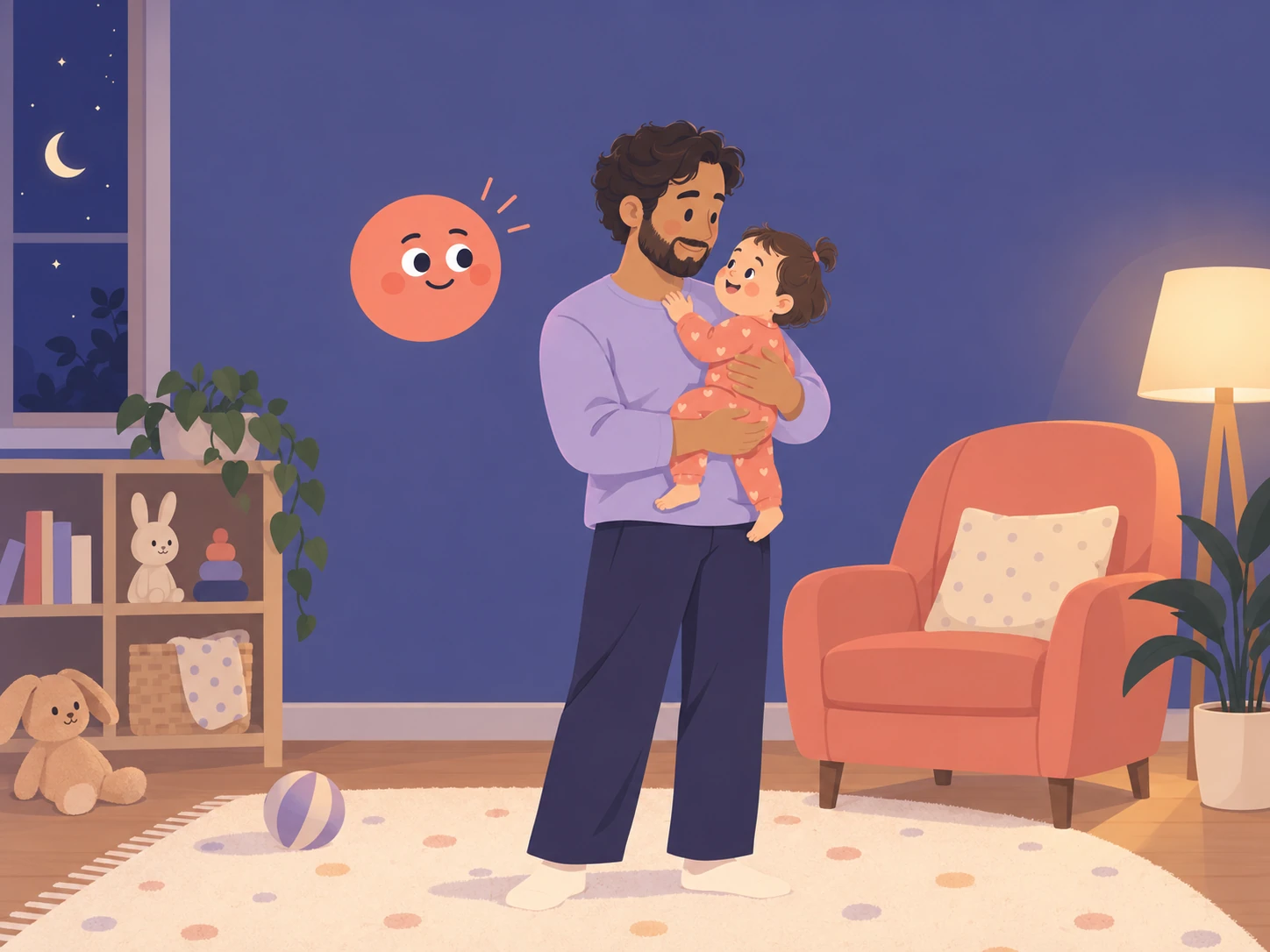 Illustration of a father comforting his awake baby in a warmly lit room at night, with Nana beside them